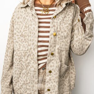 Khaki Leopard Print Corduroy Shirt Collar Long Sleeve Regular Fit Jacket