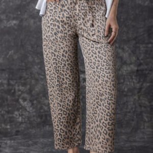 Khaki Leopard Printed Drawstring Elastic Waistband Pocketed Barrel Jeans